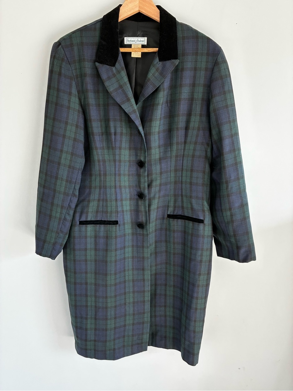 VNT Stephanie Andrews Tartan Plaid Pea Coat/Blazer Dress w/ Black Velvet Collar